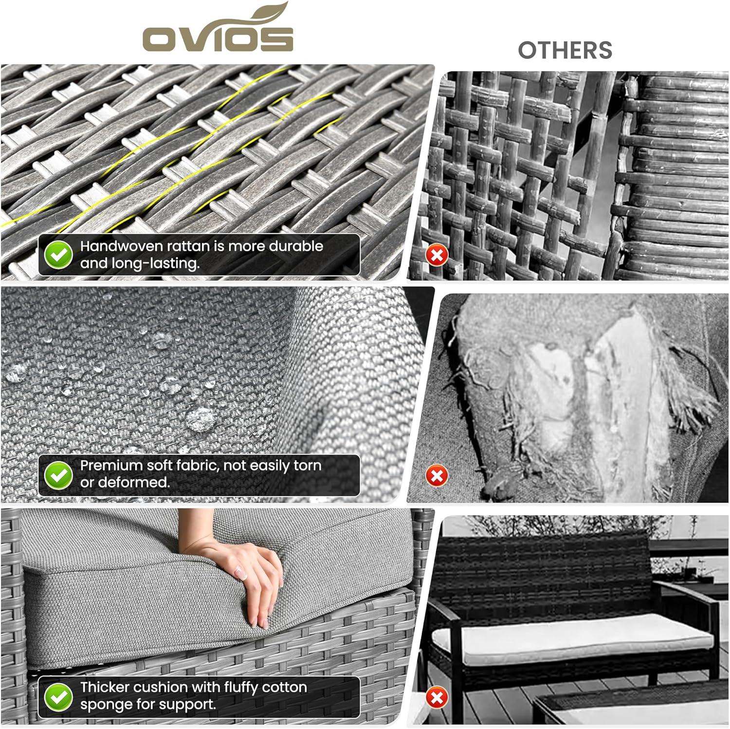 ovios 6 Pieces Patio Furniture Set, Outdoor Wicker Sofa Couch with Swivel Chairs, Rocking Glider Rocker with Comfy Cushions All Weather Rattan Conversation Set, Dark Grey