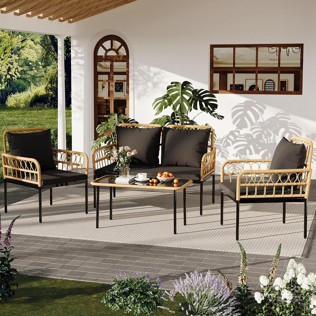 GarveeLife 4 Pieces Patio Furniture Sets Wicker Outdoor Patio Table and Chairs Set with Glass Side Table, Loveseat Chairs, Boho Rattan 4 Seater Conversation Sets for Backyard, Porch, Bistro, Black