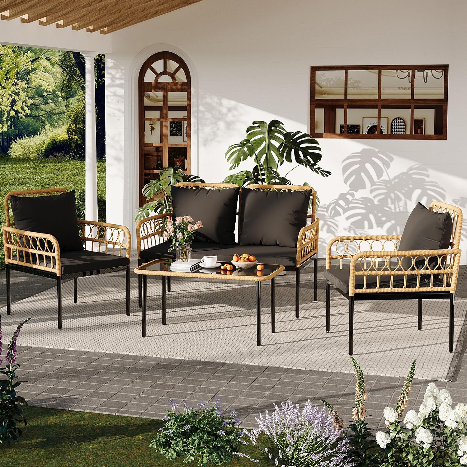 GarveeLife 4 Pieces Patio Furniture Sets Wicker Outdoor Patio Table and Chairs Set with Glass Side Table, Loveseat Chairs, Boho Rattan 4 Seater Conversation Sets for Backyard, Porch, Bistro, Black