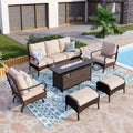 Patio Furniture Set with 56' Fire Pit Table, Premium Outdoor Wicker Metal Frame Furniture with Upgraded Waterproof Thick Cushions for Porch, Poolside, Deck, and Yard （8 Pieces,Beige）
