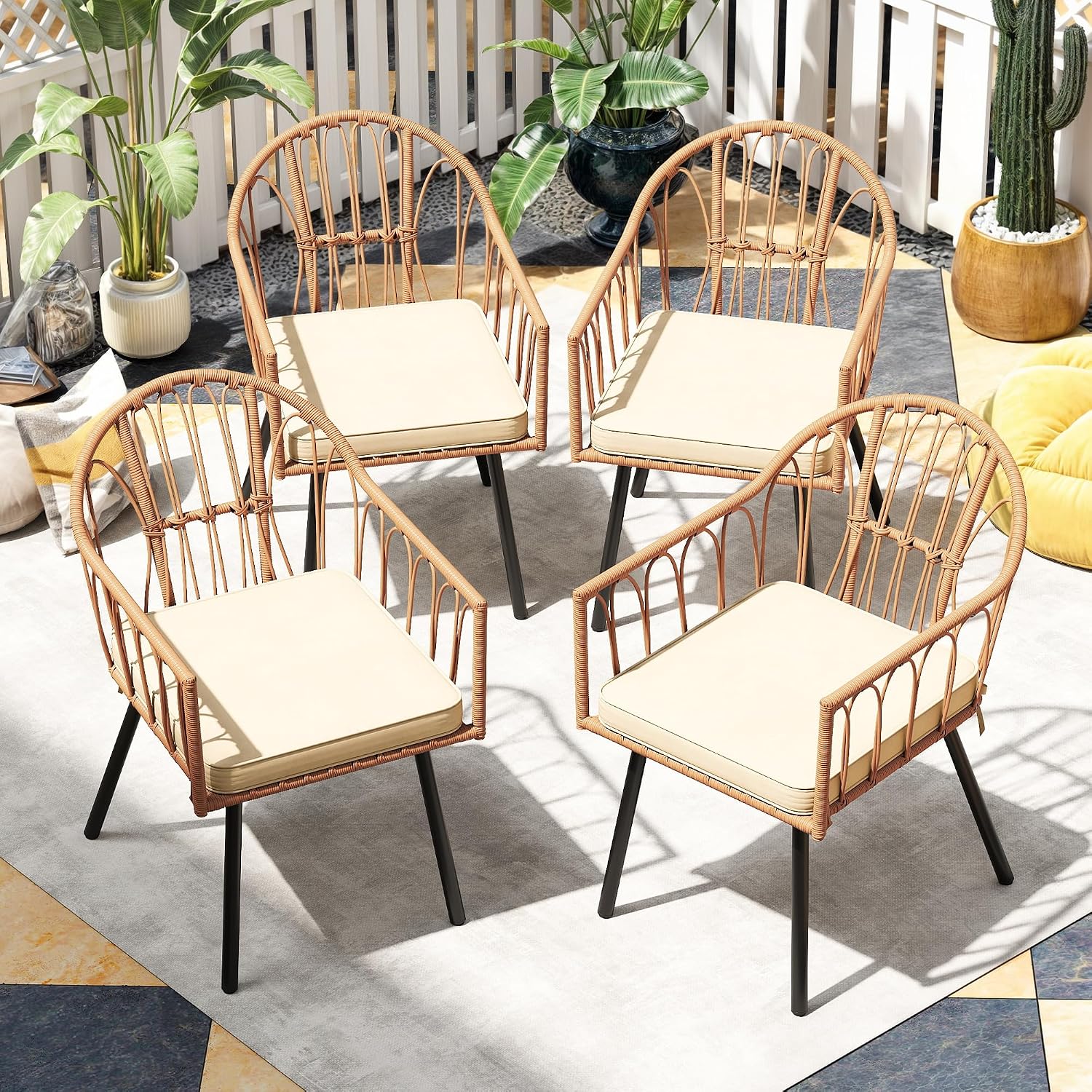 YITAHOME 4 Pieces Rattan Wicker Dinning Chairs, Outdoor Indoor Patio Furniture Set with Cushion and Curved Back All Weather Bistro Chair for Garden Backyard Porch Poolside Restaurant (Beige)