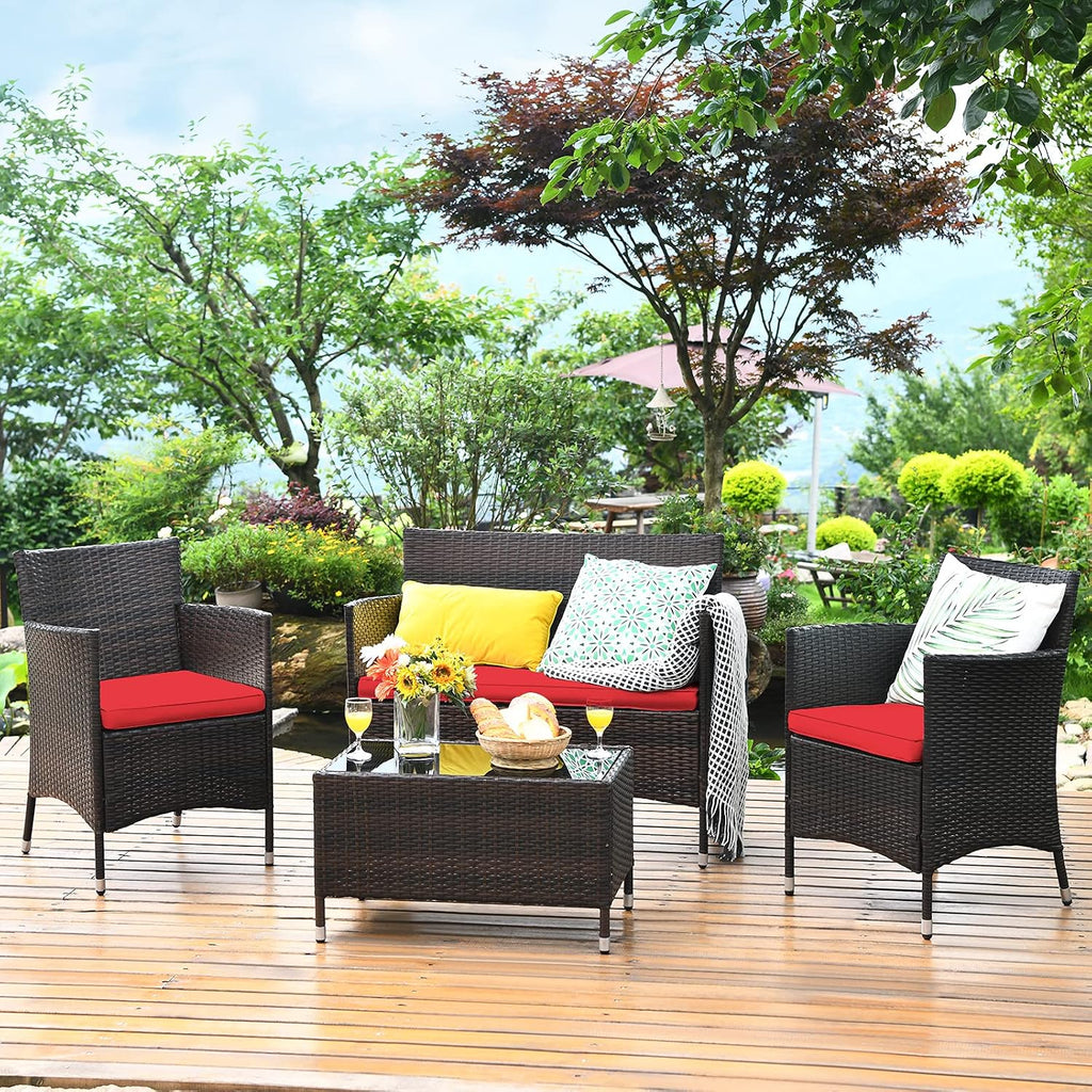 COSTWAY 4PCS Rattan Patio Furniture Set, Outdoor Wicker Rattan Chairs with Coffee Table, Rattan Cushioned Conversation Set for Backyard Balcony Porch Poolside, Red