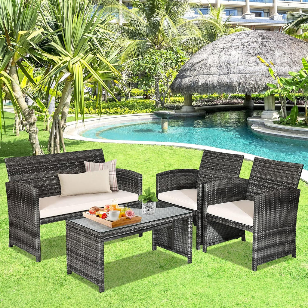 Goplus 4-Piece Rattan Patio Furniture Set, Outdoor Wicker Conversation Sofa with Weather Resistant Cushions and Tempered Glass Tabletop for Lawn Backyard Pool Garden (Beige)