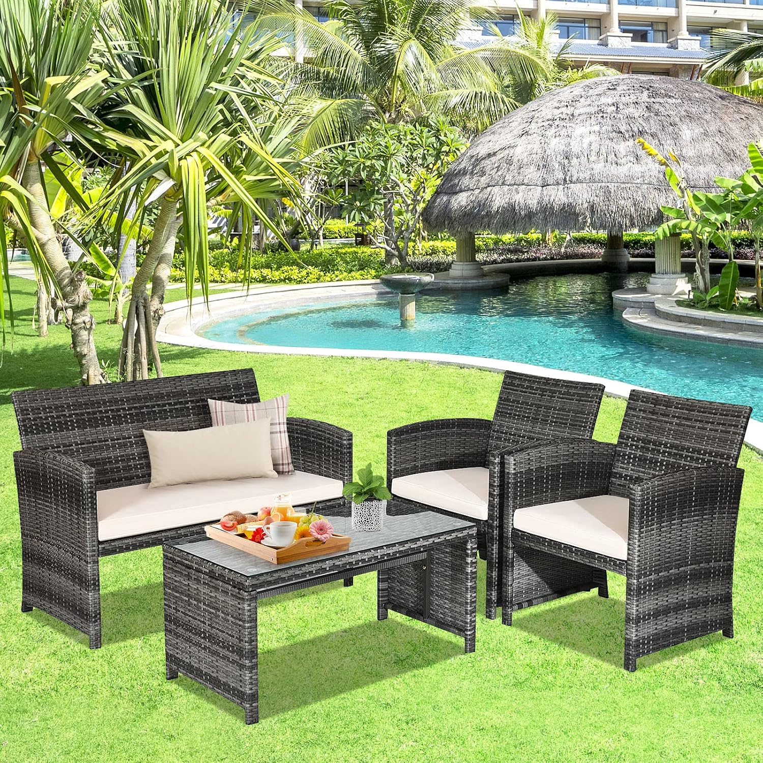 Goplus 4-Piece Rattan Patio Furniture Set, Outdoor Wicker Conversation Sofa with Weather Resistant Cushions and Tempered Glass Tabletop for Lawn Backyard Pool Garden (Beige)
