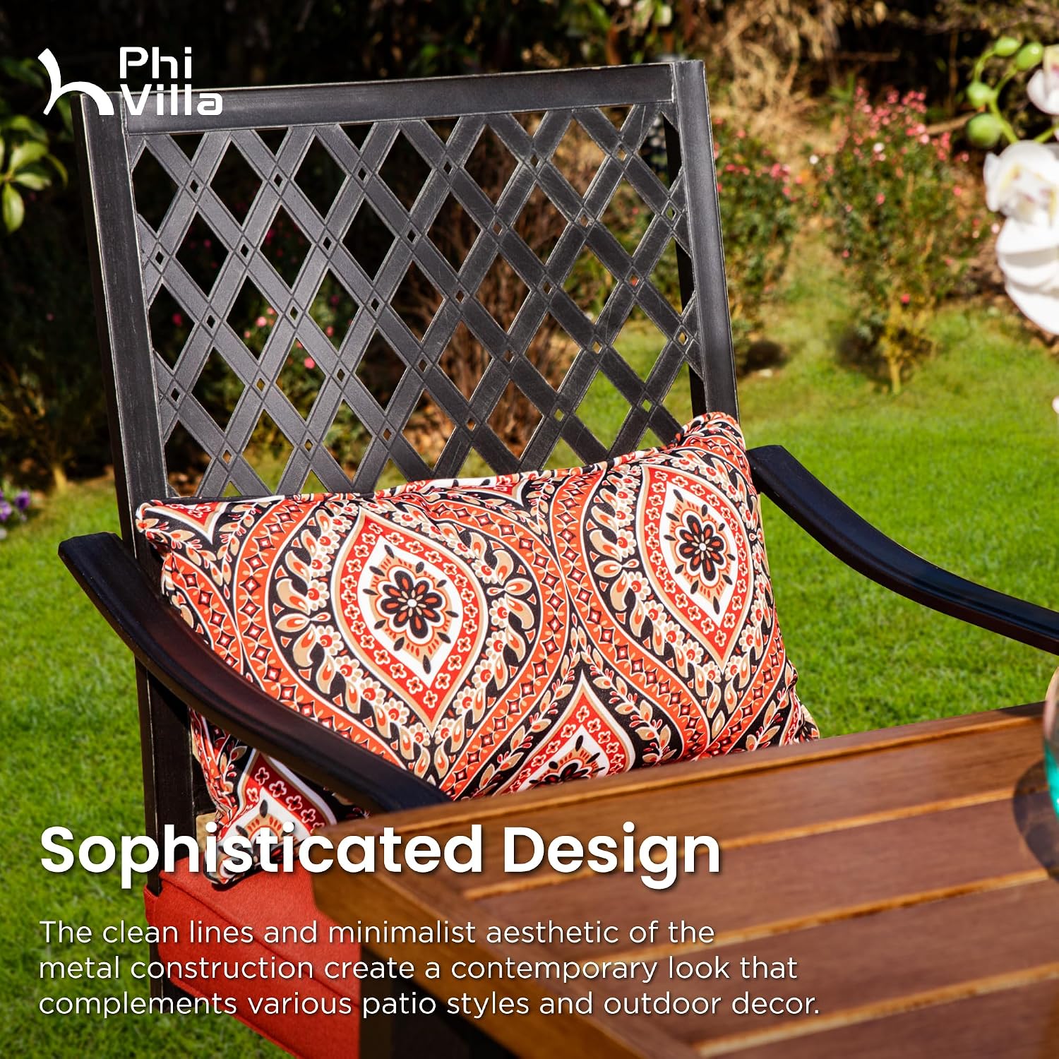 PHI VILLA Patio Bar set for 4,Outdoor Swivel Bar Chairs with Red Cushion and High Metal Bar Table,Sturdy and Strong Frame and Metal Table Top (No Umbrella Hole), High Patio Table and Chairs for Garden
