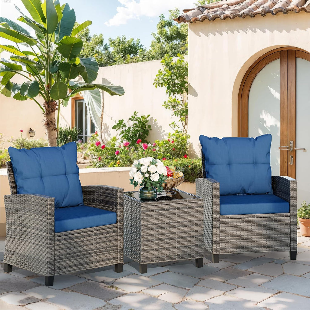Vongrasig 3 Piece Patio Furniture Set Small Outdoor Wicker Rattan Front Porch Bistro Set Cushioned Patio Chairs Conversation Set with Glass Table for Lawn, Garden, Backyard, Balcony, Poolside (Blue)