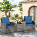 Vongrasig 3 Pieces Patio Furniture Set Small Outdoor Wicker Rattan Front Porch Bistro Set Cushioned Patio Chairs Conversation Set with Glass Table for Lawn, Garden, Backyard, Balcony, Blue