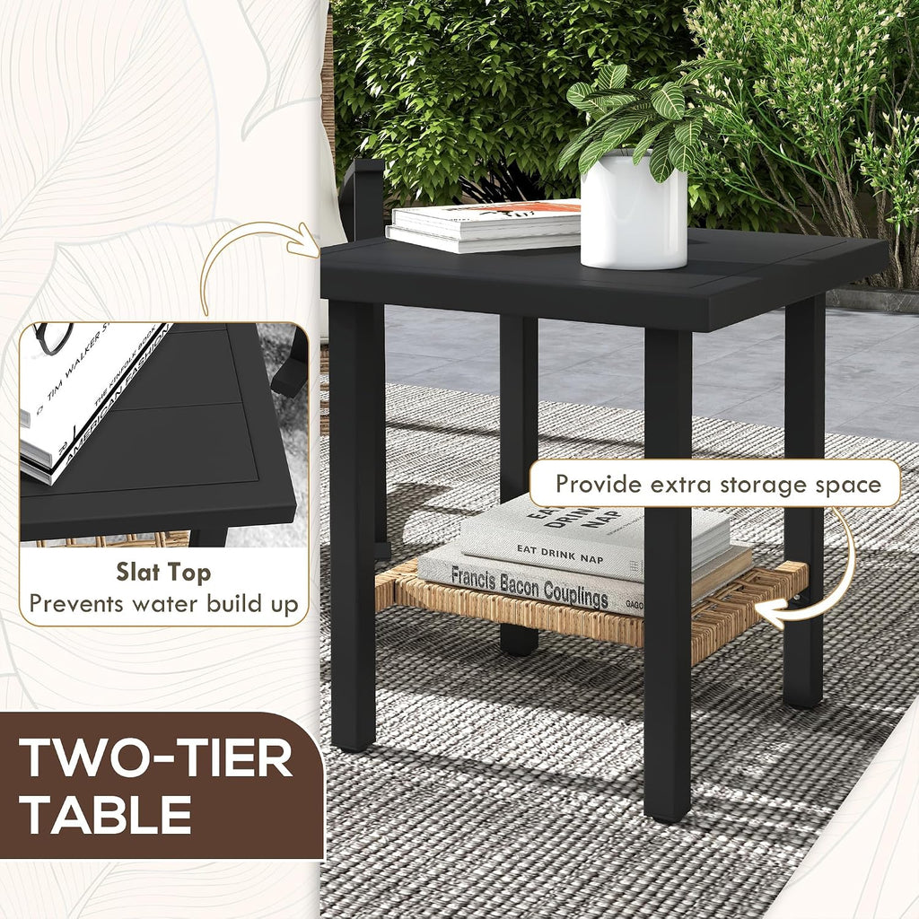 Outsunny 3 Pieces Rocking Wicker Outdoor Bistro Set, Rattan Patio Furniture Set with Coffee Table and Porch Chairs, Button Tufted Cushions for Backyard, Balcony, Garden, White