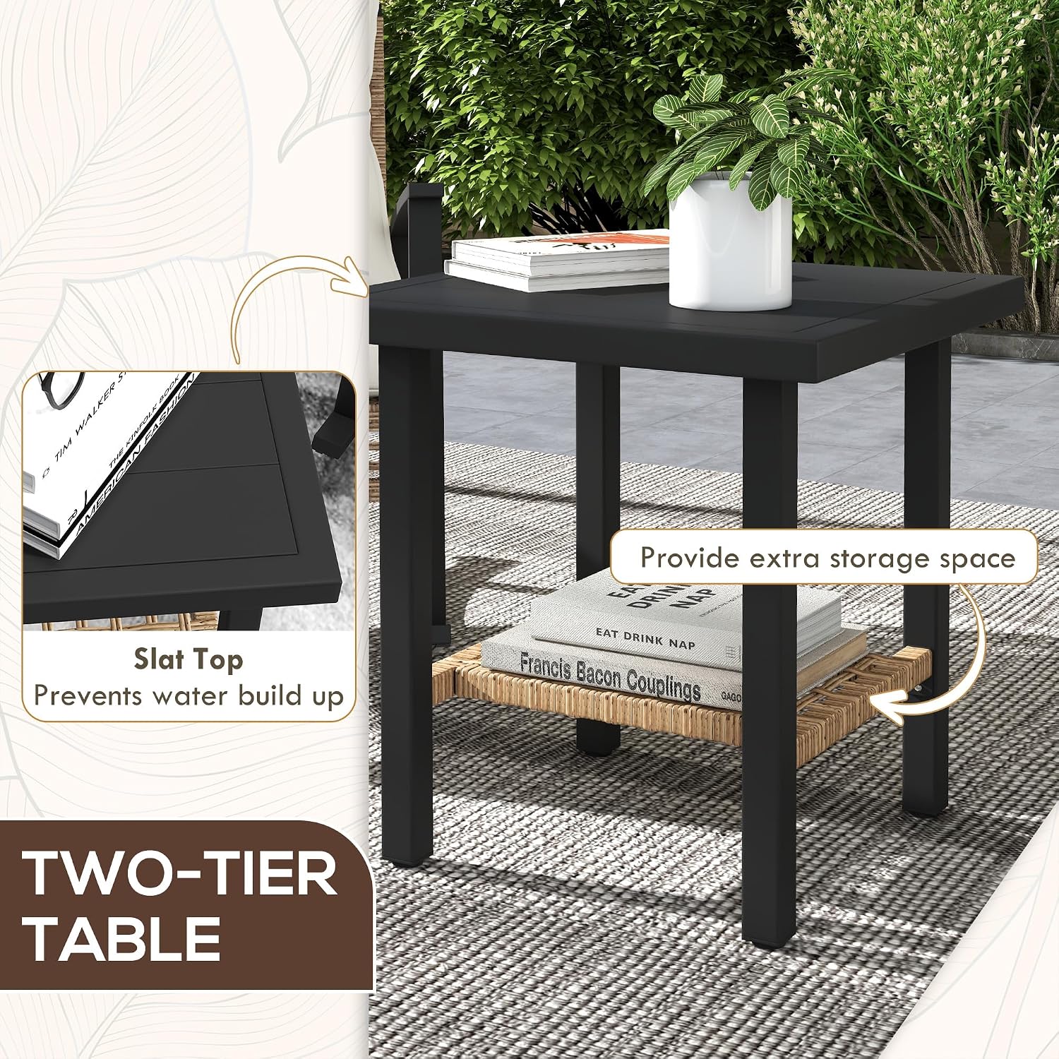 Outsunny 3 Pieces Rocking Wicker Outdoor Bistro Set, Rattan Patio Furniture Set with Coffee Table and Porch Chairs, Button Tufted Cushions for Backyard, Balcony, Garden, White