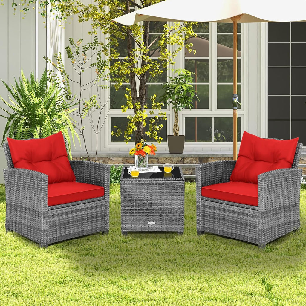 COSTWAY 3PCS Patio Furniture Set, PE Rattan Wicker Sofa w/Washable Cushion and Coffee Table, Tempered Glass Tabletop, Outdoor Conversation Set for Balcony, Porch, Yard, Backyard, Lawn, Red