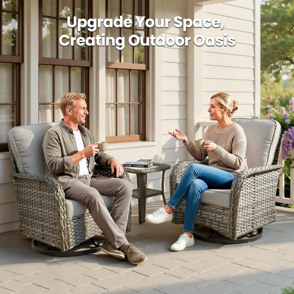 Outdoor Swivel Rocker Patio Chairs, 3 Piece Patio Furniture Set with Glider Chairs and Wicker Coffee Table, All Weather Rattan Chair Set for Porch Deck Yard Balcony, Dark Gray