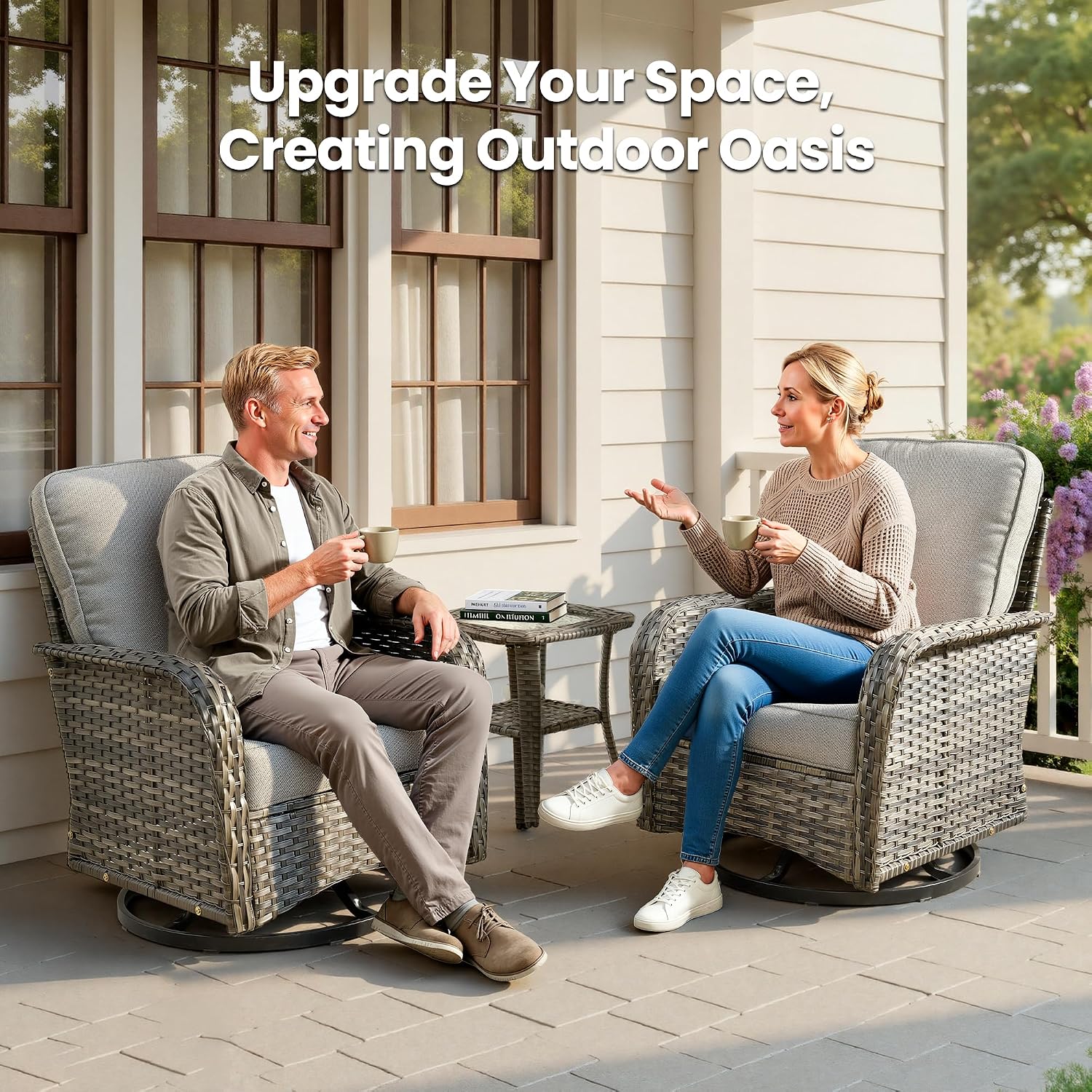 Outdoor Swivel Rocker Patio Chairs, 3 Piece Patio Furniture Set with Glider Chairs and Wicker Coffee Table, All Weather Rattan Chair Set for Porch Deck Yard Balcony, Dark Gray