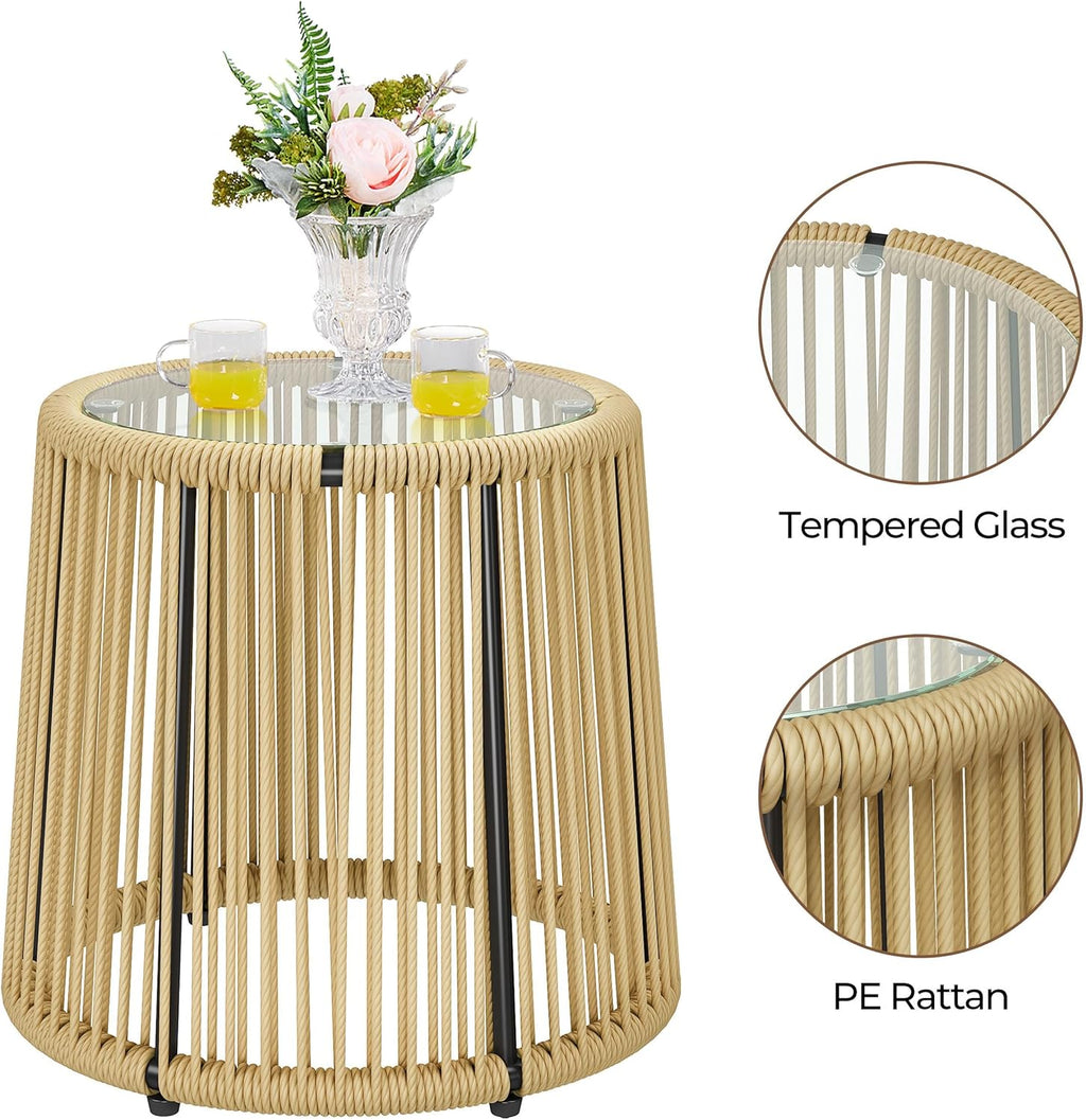 Yaheetech 3 Piece Patio Rattan Bistro Set, Outdoor All Weather PE Wicker Conversation Furniture Set with 2 Chairs & Tempered Glass Top Table & Cushions, for Poolside/Porch/Garden/Yard, Tan/Cream