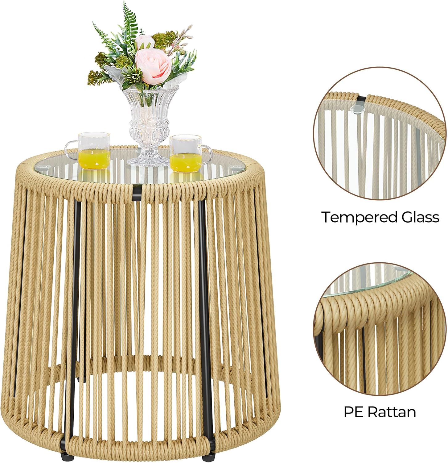 Yaheetech 3 Piece Patio Rattan Bistro Set, Outdoor All Weather PE Wicker Conversation Furniture Set with 2 Chairs & Tempered Glass Top Table & Cushions, for Poolside/Porch/Garden/Yard, Tan/Cream