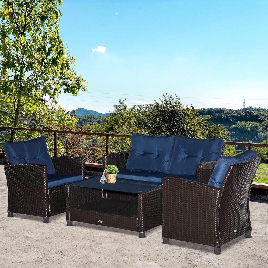 Outsunny 4 Pieces Patio Furniture Sets with Cushions, PE Rattan Wicker Conversation Chairs with Two-Tier Coffee Table for Backyard Porch Garden Poolside and Deck, Blue