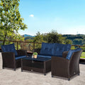 Outsunny 4 Pieces Patio Furniture Sets with Cushions, PE Rattan Wicker Conversation Chairs with Two-Tier Coffee Table for Backyard Porch Garden Poolside and Deck, Blue