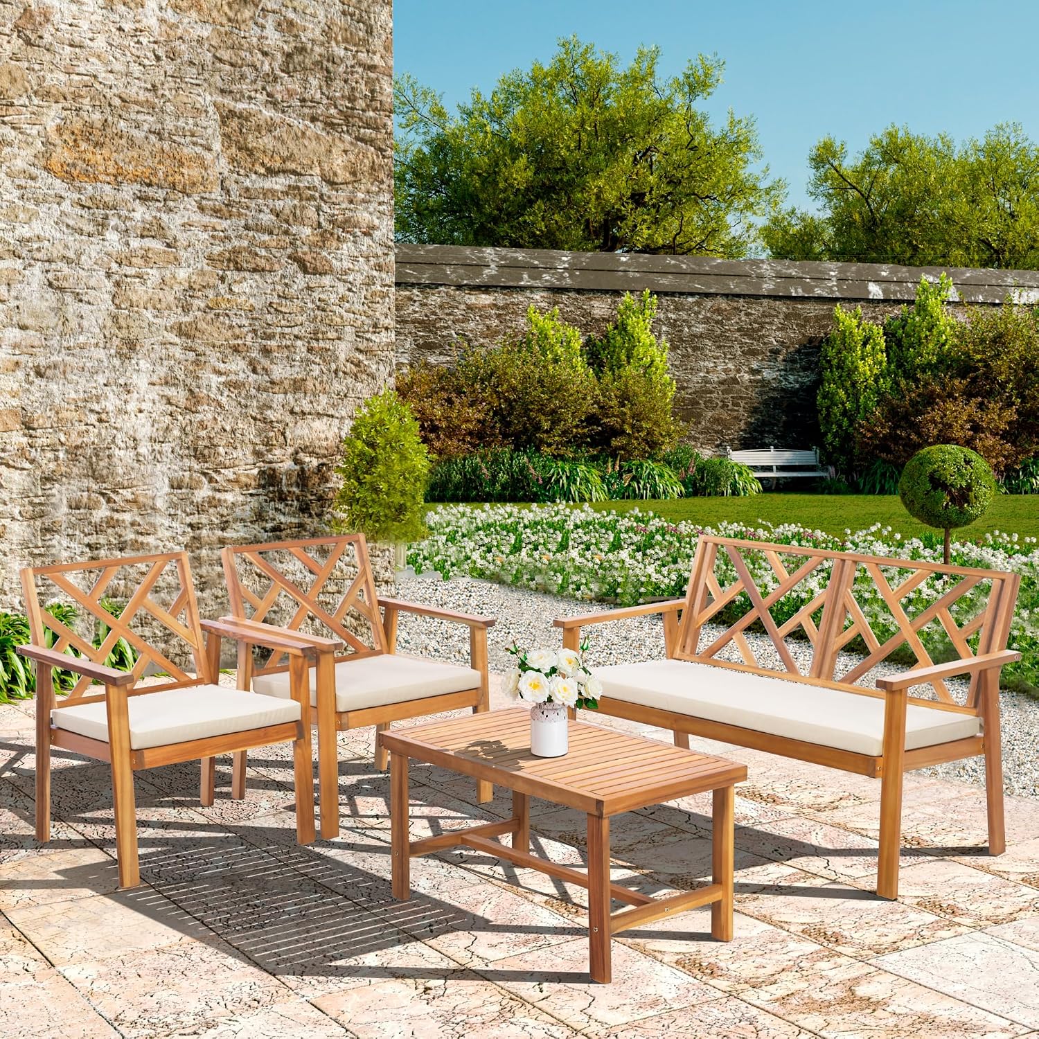 Werph Outdoor Patio Furniture Set, 4 Piece Patio Sofa Bench and 2 Single Sofa Chairs with Table & Padded Cushions, Acacia Wood Outdoor Patio Lounge Conversation Set for Deck Backyard Balcony