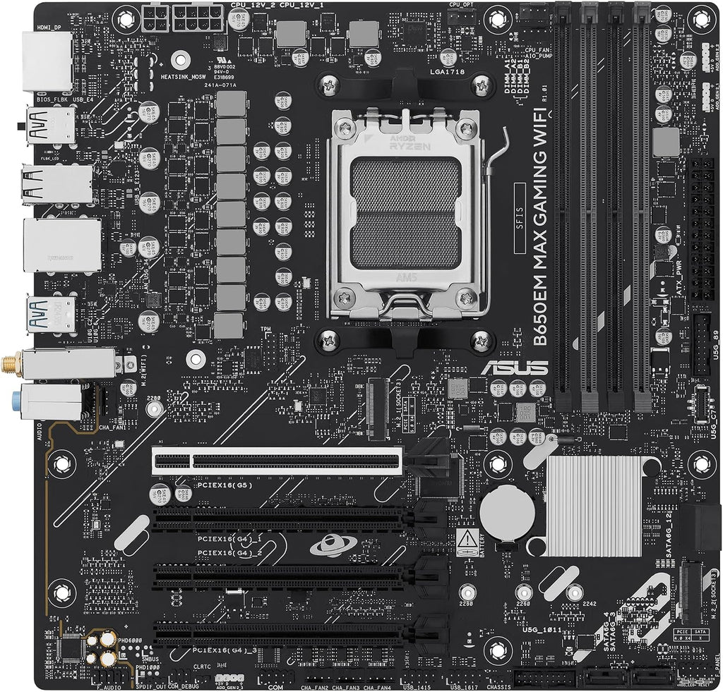 ASUS B650EM MAX Gaming WiFi AMD B650 mATX Motherboard, DDR5, PCIe 5.0 Ready, 3X M.2 Slots, WiFi6, 1Gb Ethernet, DisplayPort, HDMI, Rear USB 10Gbps Type-A & Type-C Ports, BIOS Flashback, Aura Sync