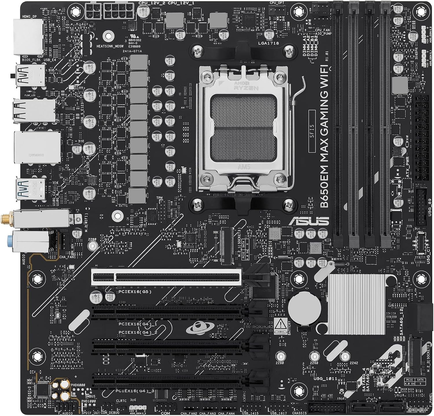 ASUS B650EM MAX Gaming WiFi AMD B650 mATX Motherboard, DDR5, PCIe 5.0 Ready, 3X M.2 Slots, WiFi6, 1Gb Ethernet, DisplayPort, HDMI, Rear USB 10Gbps Type-A & Type-C Ports, BIOS Flashback, Aura Sync