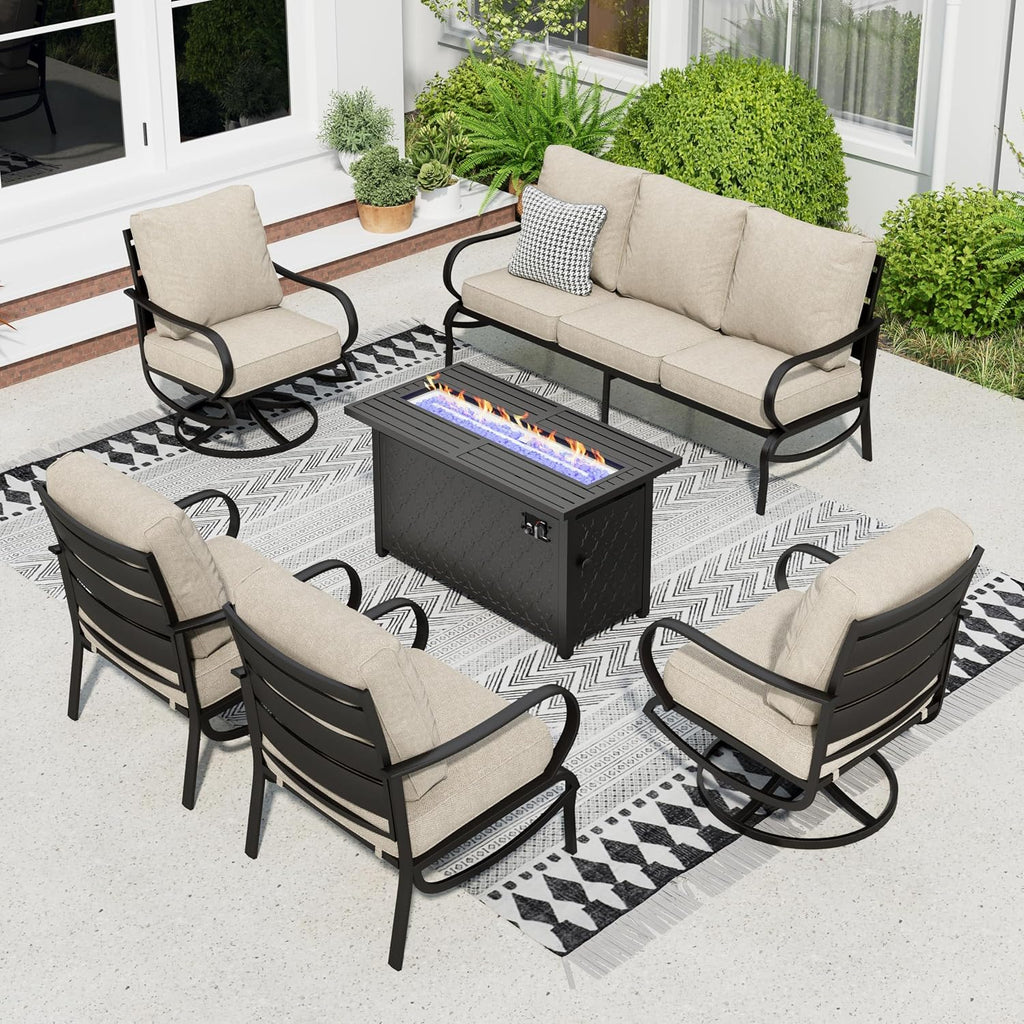 Sophia & William Patio Furniture Sets for 7 with Fire Pit Table 45', Outdoor Patio Furniture Set 8 Pcs, Convesation Set with 4 x High Heavy Sofa Chairs, 1x3-Seat Sofa, for Porch Poolside Beige