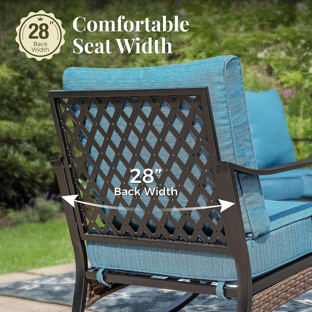 MIXPATIO Patio Furniture Set with Firepit Table, Black Frame Outdoor Conversation Set with 2 x Fixed Chairs, 1 x 3-Seat Sofa for Lawn Garden Backyard, Pacific Blue