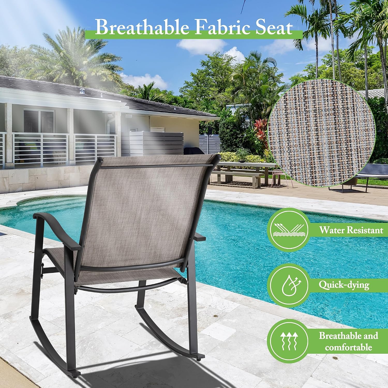 Shintenchi 3 Piece Rocking Bistro Set, Outdoor Furniture with Rocker Chairs and Glass Coffee Table Balcony, Porch Furniture for Small Space, Gray