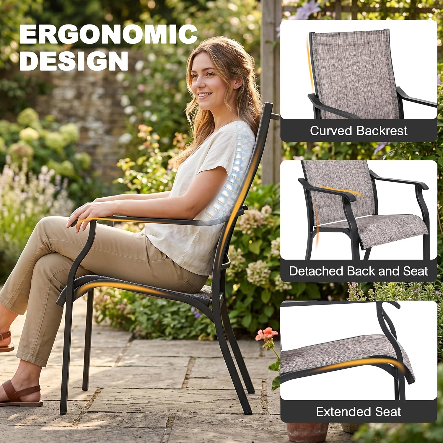NUU GARDEN Outdoor Dining Chairs Set of 2, Textilene Patio Chairs with Aluminum Frame, Quick-Dry Rust-Resistant Chairs with Backrest & Armrests for Lawn Garden Backyard, Grayish Brown