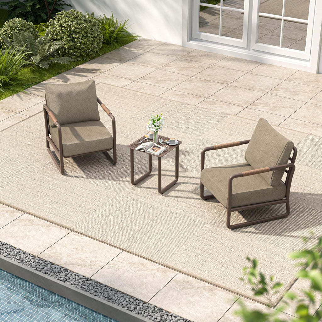 3-Piece Outdoor Aluminum Patio Sofa Set with Coffee Table, Deep Seating Conversation Set with 6.5' Cushions, Modern All-Weather Furniture for Garden, Balcony, Poolside, Brown