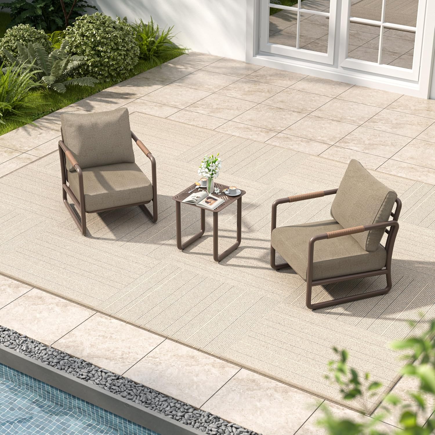 3-Piece Outdoor Aluminum Patio Sofa Set with Coffee Table, Deep Seating Conversation Set with 6.5' Cushions, Modern All-Weather Furniture for Garden, Balcony, Poolside, Brown