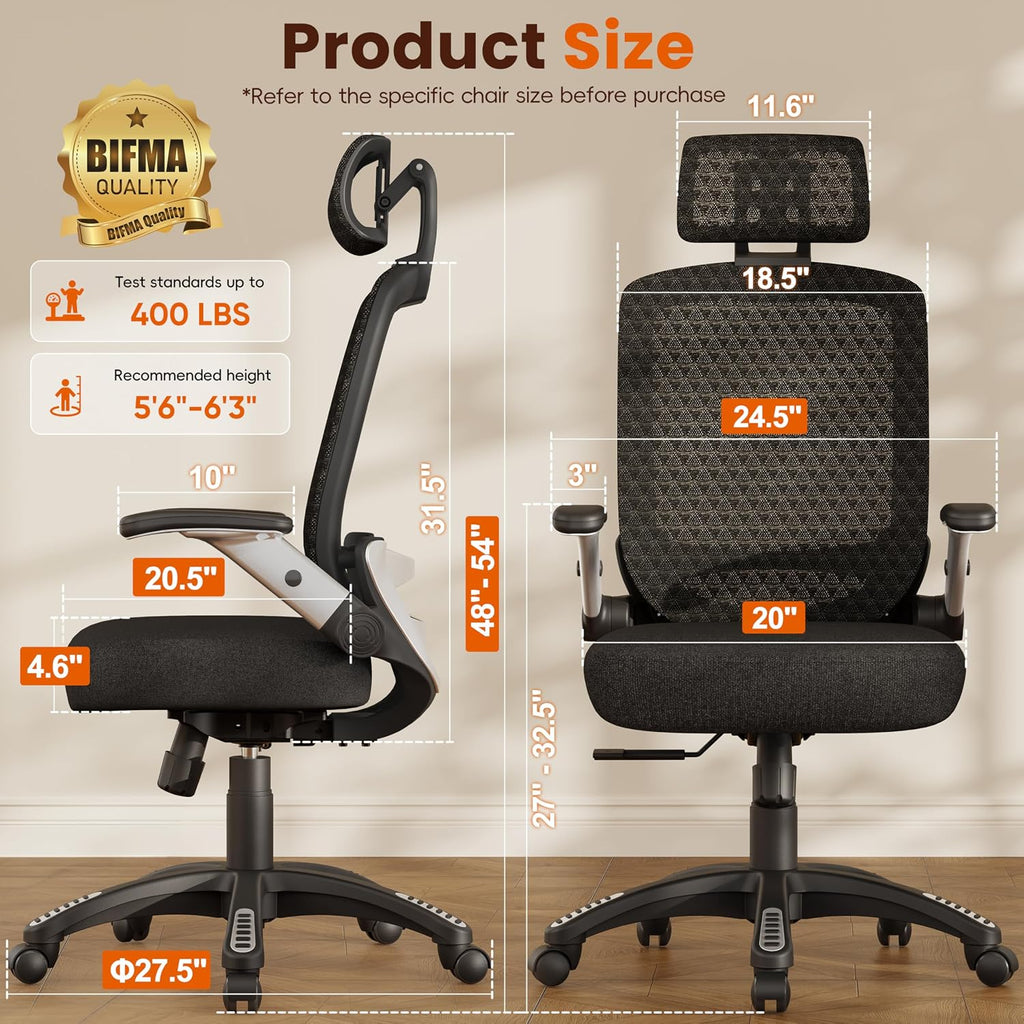 GABRYLLY Ergonomic Office Chair, High Back Home Desk Chair with Flip-Up Arms, 3D Headrest, Thick Sponge Seat &90-120° Recline, Big and Tall Mesh Executive Chairs for Man Woman, Midnight-Cloud