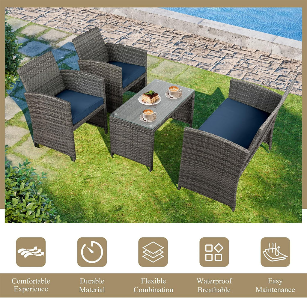 JAMFLY 4 Piece Outdoor Patio Furniture Set, Outdoor Wicker Rattan Chairs Conversation Sets with Cushions & Coffee Table for Outside, Garden, Balcony, Porch, Dark Blue