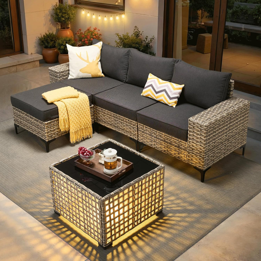 ovios 5-Piece Patio Furniture Set with L-Shape Sofa Chaise, Outdoor Sectional Couch Solar Table, Modern Modular Wicker Rattan Conversation Set, Black