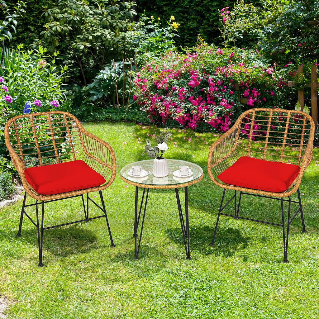 Tangkula 3 Pieces Patio Bistro Set, Rattan Conversation Set with 2 Cushioned Armchairs & Round Glass Coffee Table, Indoor Outdoor Wicker Furniture Set for Balcony, Backyard, Garden, Poolside