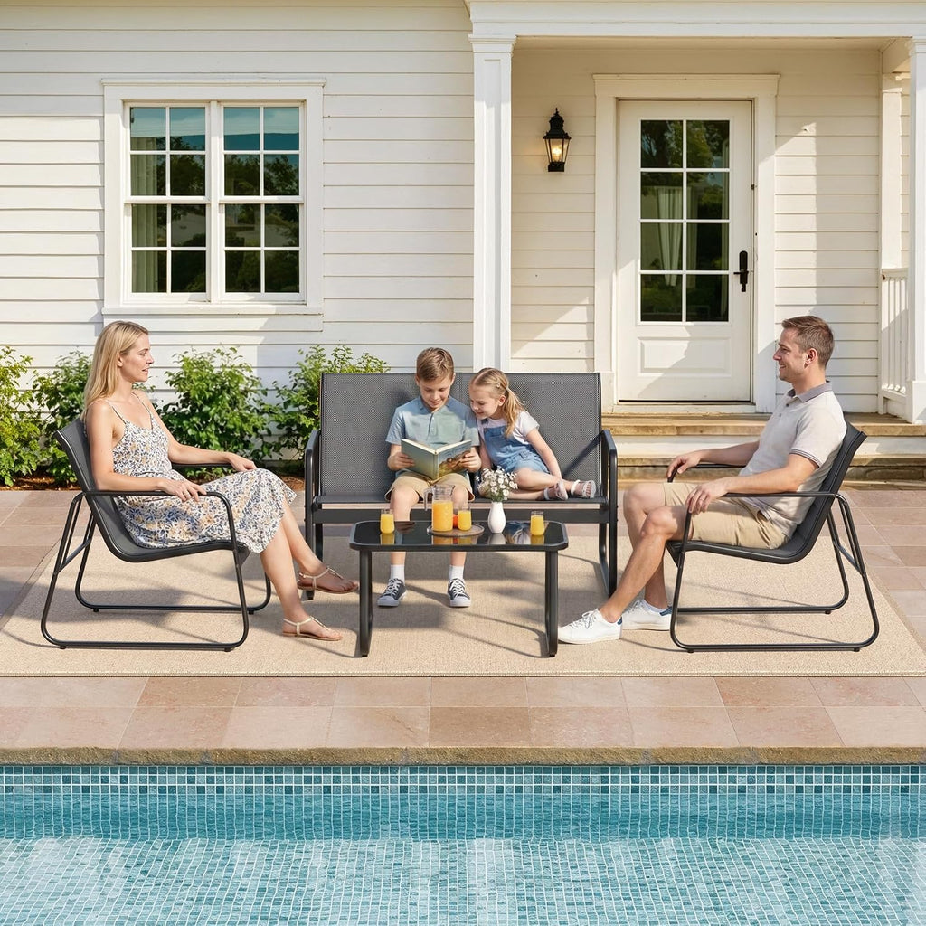 Gizoon 4 Piece Patio Furniture Set, Outdoor Conversation Set, with Glass Coffee Table, Loveseat, 2 Single Chairs, All Weather Textile Fabric, for Backyard, Balcony, Lawn, Garden, Poolside, Grey