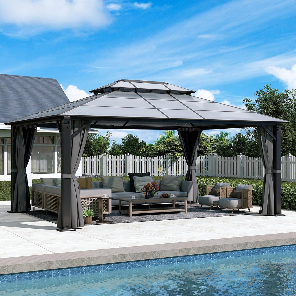 12' x 16' Hardtop Gazebo, Outdoor Polycarbonate Double Roof Gazebo with Metal Frame Permanent Pavilion with Netting& Curtains for Garden, Patio