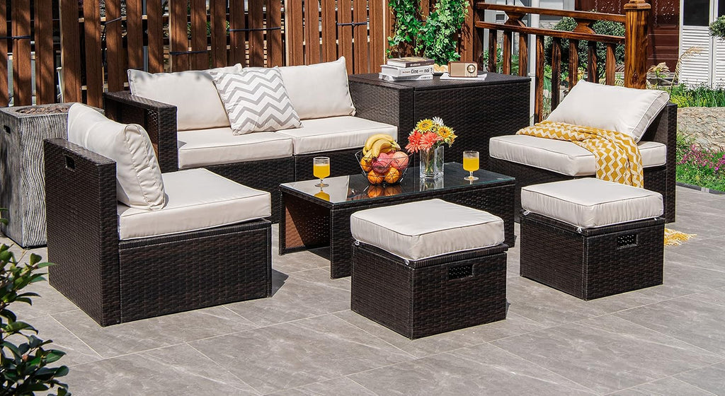 Tangkula 8 Piece Patio Furniture Set, Patiojoy Outdoor Space Saving PE Rattan Sectional Sofa Set for 6 with Waterproof Cover, for Garden, Deck, Poolside and Balcony (Off White)