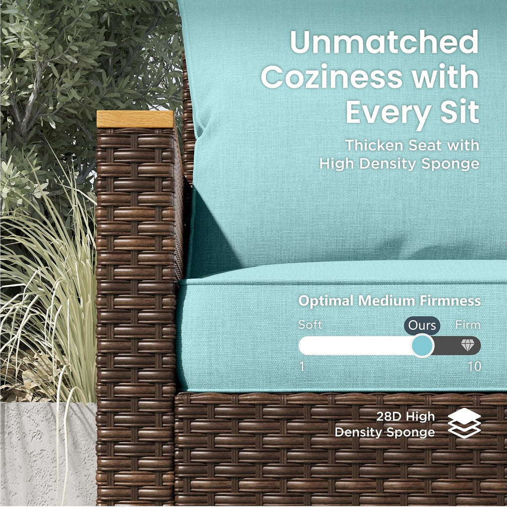 PHI VILLA Half Moon Patio Furniture Set with 56' Fire Pit Table, Outdoor Curved Wicker Sectional Sofa with Cushions and Ottomans, Aqua Blue