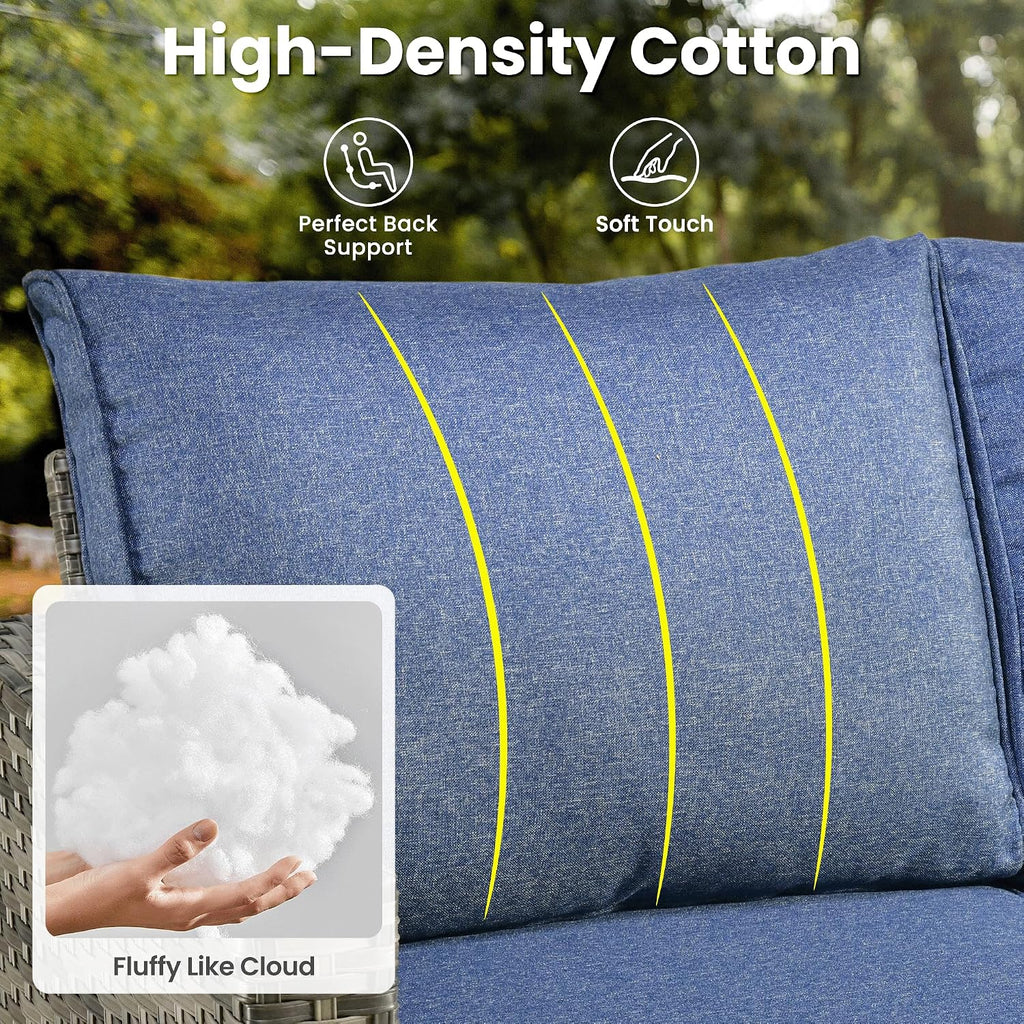 ovios 6 Pieces Patio Furniture Set, Outdoor Wicker Sofa Couch with Swivel Chairs, Rocking Glider Rocker with Comfy Cushions All Weather Rattan Conversation Set, Denim Blue