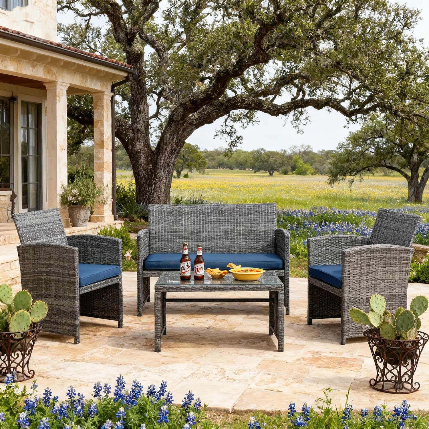 JAMFLY 4 Piece Outdoor Patio Furniture Set, Outdoor Wicker Rattan Chairs Conversation Sets with Cushions & Coffee Table for Outside, Garden, Balcony, Porch, Dark Blue
