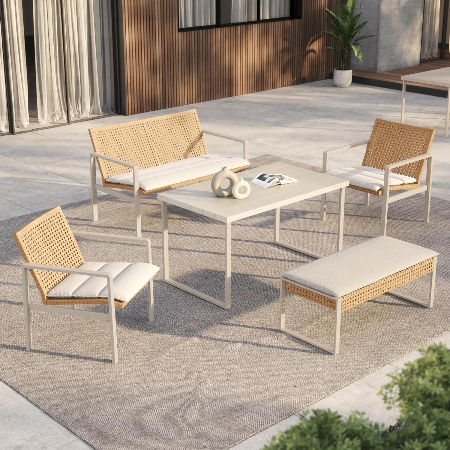 Grand patio 5-piece Outdoor Dining Set, Wicker Patio Dining Table Set for 6 with Seat Cushion, Modern Metal Outdoor Furniture Loveseat Chairs Bench Set for Backyard Garden Deck