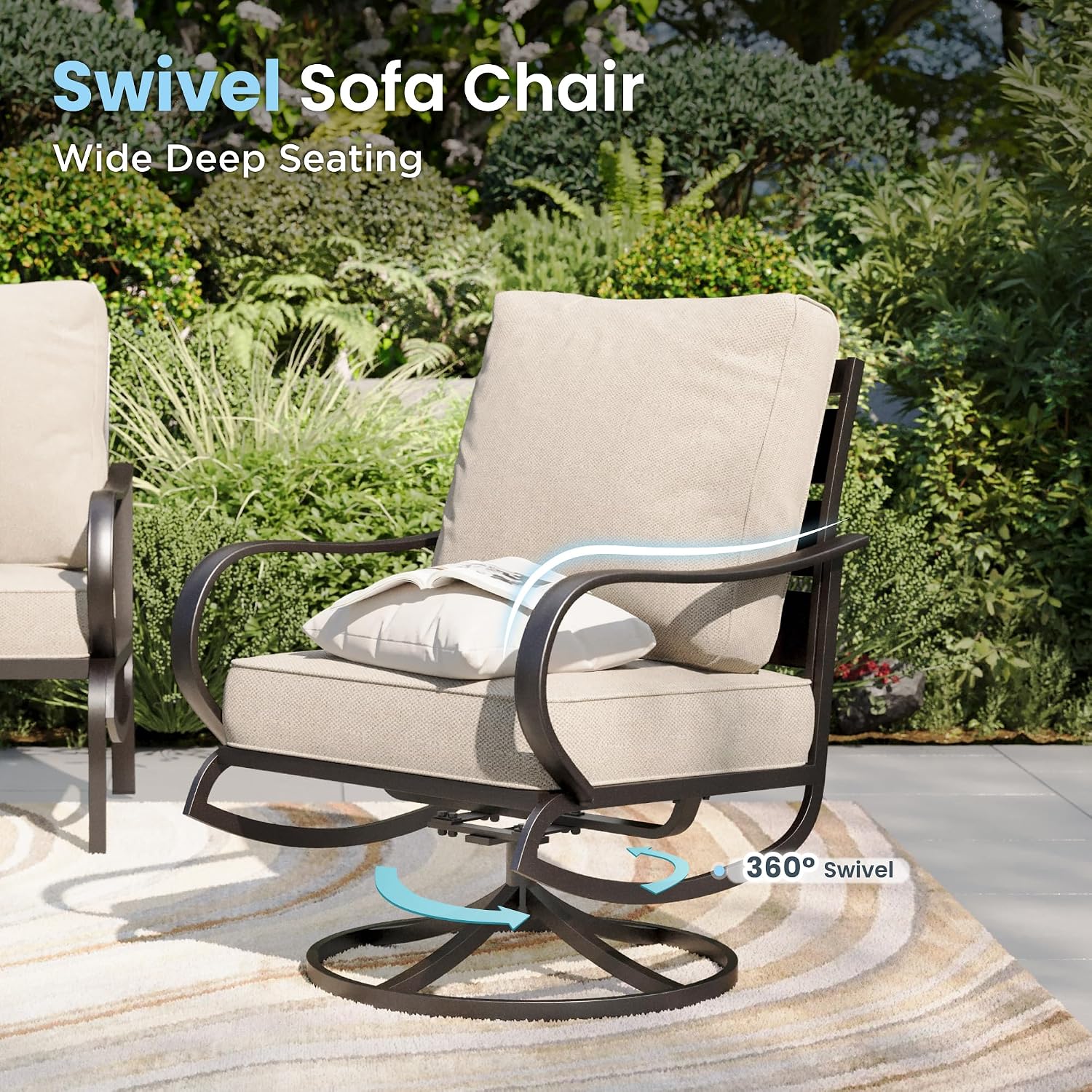 PHI VILLA 7 PCS Patio Furniture Set,Metal Outdoor Furniture with 1x 3 Seater Cushioned Deep Seating Bench Sofa, 2 Swivel Chair, 2 x Leg Chairs & 2 Ottoman,Outdoor Seating for 7 Person