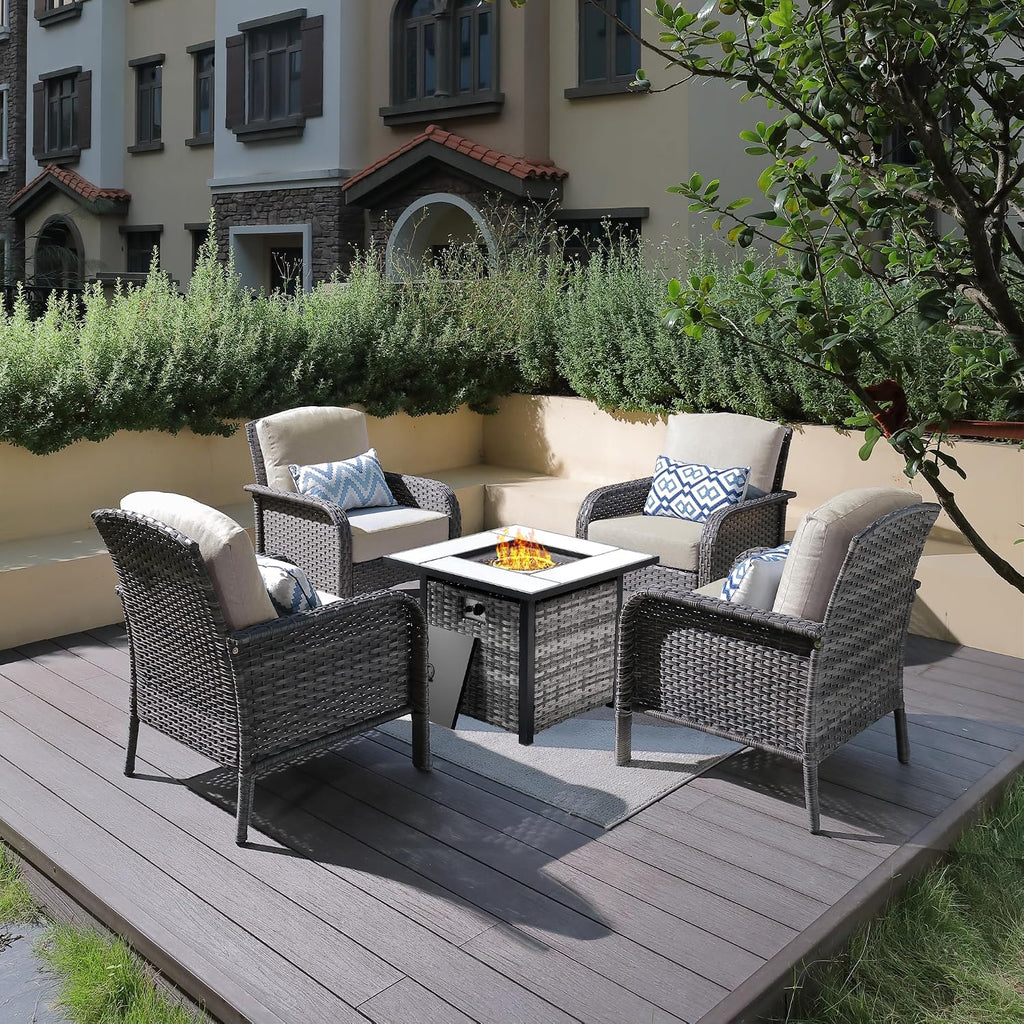 ovios 5-Piece Patio Furniture Set, Outdoor Wicker Sofa with Chairs Fire Pit Table, High Back Rattan Chair with Comfy Cushions for Porch Yard Deck, Beige