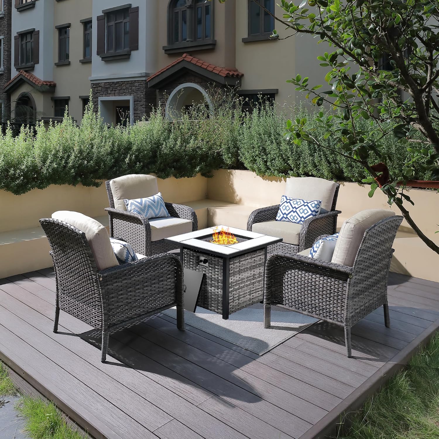 ovios 5-Piece Patio Furniture Set, Outdoor Wicker Sofa with Chairs Fire Pit Table, High Back Rattan Chair with Comfy Cushions for Porch Yard Deck, Beige