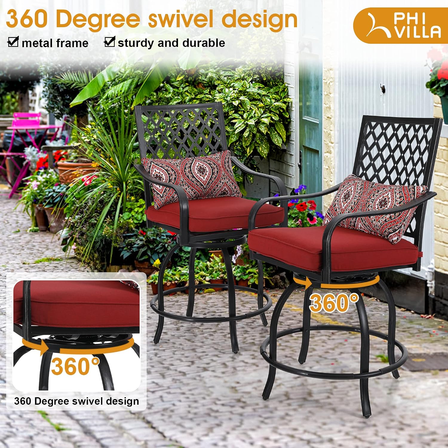 PHI VILLA 5 Piece Patio Bar Hight Dining Set for 4, Outdoor Bar Set with 4 Swivel Cushioned Bar Stools and 1 Square Metal Bar Table(1.9' Umbrella Hole) for Lawn Garden