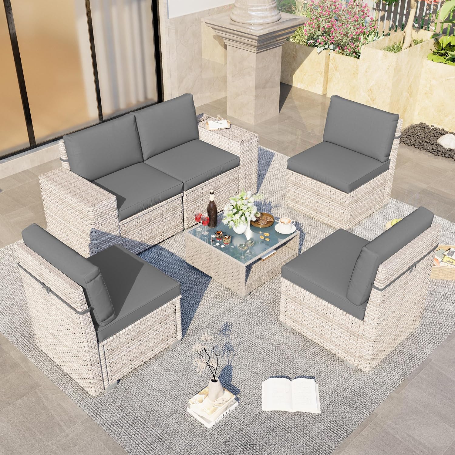 6-Piece Patio Furniture Set, Outdoor Extra Wide Armrest Modular Patio Sofa, Dual-Strand Rattan Wicker, Rust-Resistant Frame, Backyard High Back, Large Seat Furniture for Porch Garden Balcony, Grey