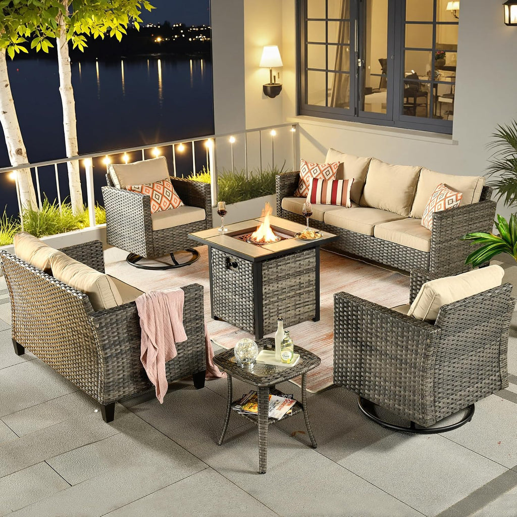 ovios 6 Pieces Patio Furniture Set with Square Fire Pit Table, Swivel Rocking Chairs, Loveseat, Outdoor High Back Wicker Rattan Conversation Set for Deck Porch, Beige