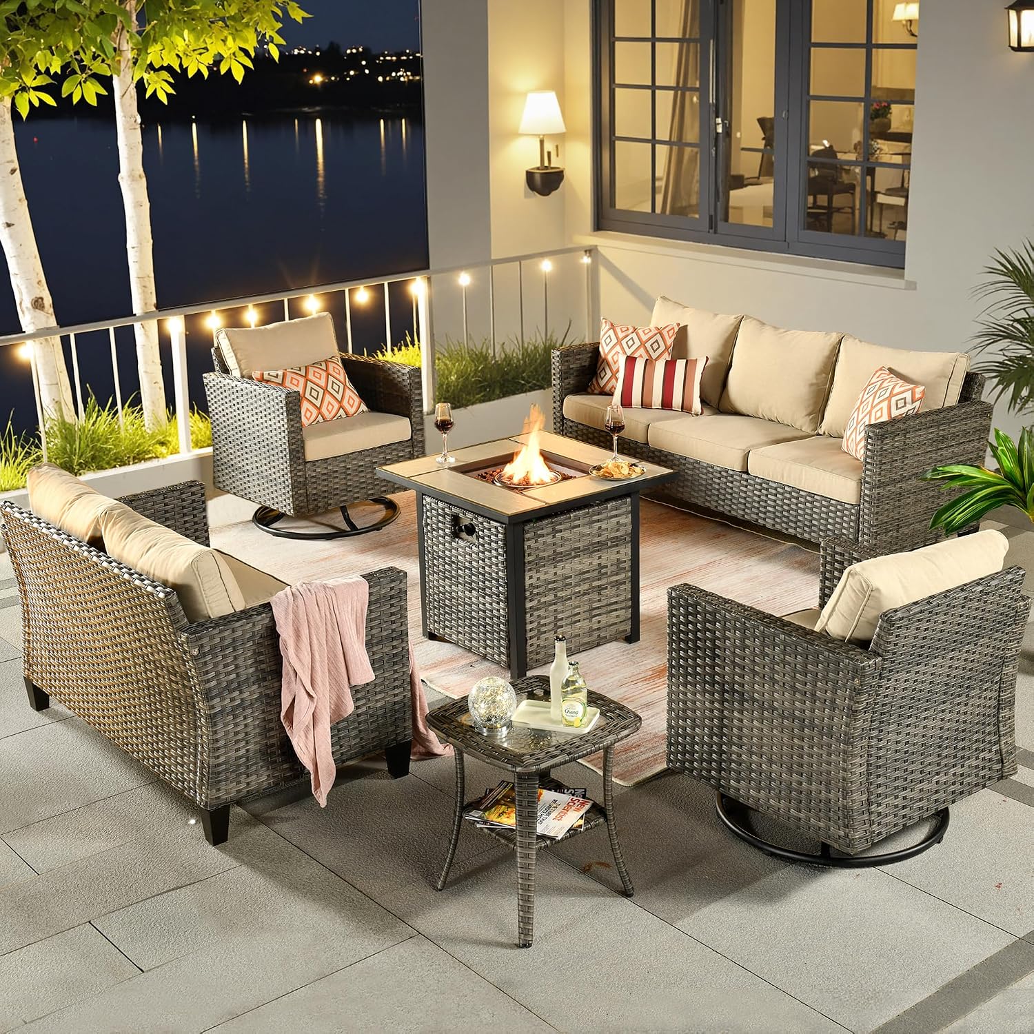 ovios 6 Pieces Patio Furniture Set with Square Fire Pit Table, Swivel Rocking Chairs, Loveseat, Outdoor High Back Wicker Rattan Conversation Set for Deck Porch, Beige