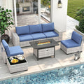 7 Piece Outdoor Wicker Sectional Sofa Set with Fire Pit Table, 5-Seats Conversation Set with 4' Thickened Cushions & Coffee Table, All-Weather PE Rattan for Garden, Backyard, Porch, Bule