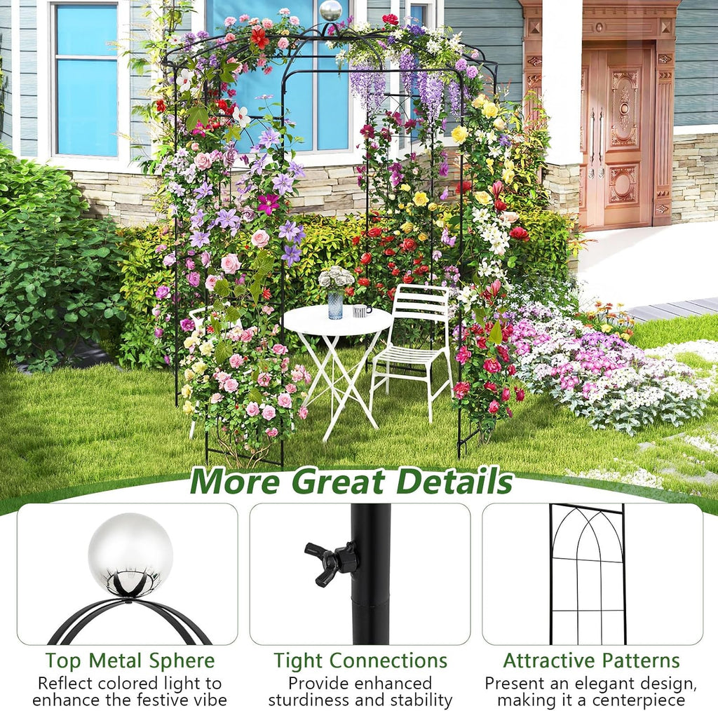 Moccha Birdcage Shape Gazebo, 9.4' H x 6.8' W Pergola Pavilion Arbor for Climbing Plants, French Style Arch Trellis with 8 Ground Stakes, Outdoor Metal Garden Arch for Wedding Party Decoration, Black