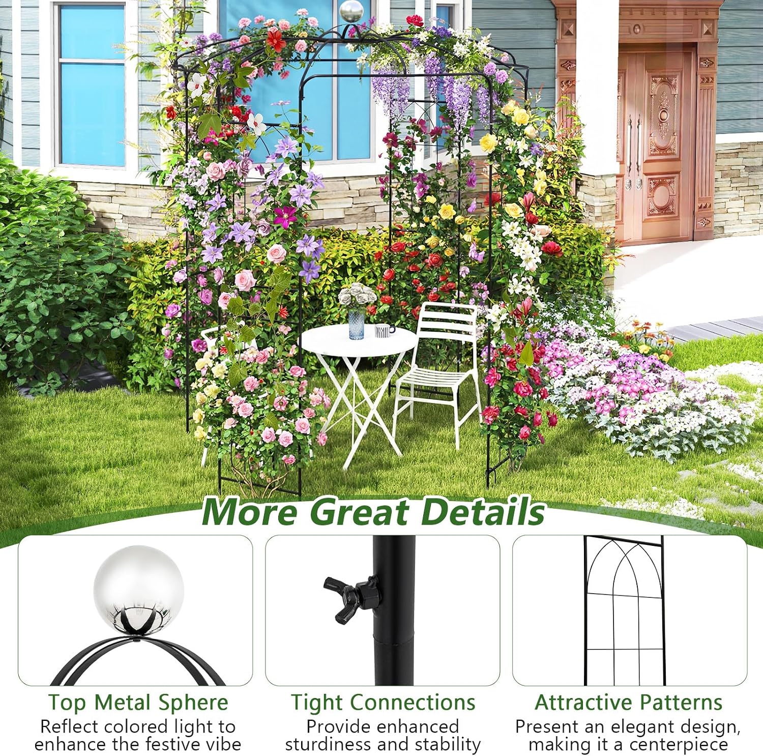 Moccha Birdcage Shape Gazebo, 9.4' H x 6.8' W Pergola Pavilion Arbor for Climbing Plants, French Style Arch Trellis with 8 Ground Stakes, Outdoor Metal Garden Arch for Wedding Party Decoration, Black